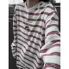 Camiseta listrada de gola redonda e manga longa, unissex, estilo outono, retrô americano, modelagem solta, casual, moderna e versátil