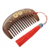Peine de sándalo negro y dorado con diseño de flor de pera pintada en dorado, peine pequeño de luna de dientes finos con borlas, caja de regalo grabada, caja de regalo souvenir cultural y creativa, peine de madera
