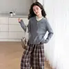 Conjunto de Outono para Meninas 2026 Novo Cardigã de Tricô com Zíper e Gola Reversível com Calça Xadrez Forrada em Fleece para Crianças de Tamanho Médio a Grande no Outono e Inverno