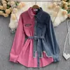 Vestido de Pana Patchwork con Solapa de Mezclilla 2026 Otoño e Invierno Nuevo Estilo Coreano Cintura Ceñida Adelgazante Irregular de Longitud Media