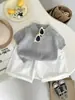 Estilo Bosque de Oxígeno Ligero Ins~Traje de Verano para Niños y Niñas Nuevo Elegante Color Sólido Tejido de Punto Manga Corta Pantalones Casuales Ropa Infantil