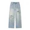 Atacado de Roupas Femininas Transfronteiriças Europeias e Americanas Primavera/Verão 2026 Jeans Rasgado Lavado Azul Claro de Cintura Média com Barra para Mulheres