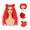 Peluca Cosplay de Rollo de Fideos Instantáneos Doble Moño Rojo, Peluca Afro Larga y Ondulada, Tocado para Disfraz de Fiesta de Halloween
