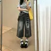 Jeans Cropped de Cuadros Lavados Rasgados con Solapa Trasera Chao Li Youhuo para Mujer, Pantalones Anchos Holgados Estilo Callejero de Verano