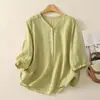 Camisa de Lino de Alta Gama de Color Sólido para Mujer, Estilo Veraniego, Adelgazante, Casual, Manga Corta, Cuello en V, Blusa Holgada de Lino