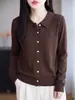 Nuevo Cárdigan de Punto con Cuello Polo de Lana Fina para Otoño/Invierno 2026, Manga Larga, Hueco, Color Sólido, Top Holgado para Mujer