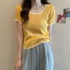 2024 Nuevo Estilo de Verano Color Contrastante Manga Corta Tejido de Punto Diseño Nicho Look Adelgazante Deseo Puro Top Corto de Punto para Mujer