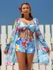 Traje de baño estampado de moda estilo europeo y americano transfronterizo de Amazon para mujer, con un pareo de gasa de manga larga, tirantes finos y un conjunto de tres piezas
