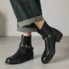 Botines cortos de piel de vaca de primera capa, versátiles para otoño e invierno, con tacón grueso, punta redonda negra y estilo Chelsea, adecuados para ir al trabajo, y un botín de mujer a la moda para comercio transfronterizo