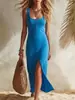 Vestido Elegante de Verano para Mujer, sin Mangas, Color Sólido, con Abertura Alta, de Longitud Media, Exclusivo de Amazon, Transfronterizo Europeo y Americano