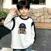 Camiseta de manga larga de algodón puro para niños, moda de primavera y otoño, capa base para niños, cuello redondo de dibujos animados, top holgado estampado versátil, camiseta moderna