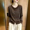 Cárdigan de Punto a Rayas Retro para Mujer Otoño Invierno Cuello Redondo Holgado Adelgazante Abrigo Suéter Manga Larga Versátil