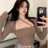 Camiseta Cuadrada Sexy de Diseño de Cangrejo de Cinco Paneles, Camiseta sin Mangas tipo Halter, Crop Top para Chica Atractiva, Corte Ajustado, Versátil, Top de Manga Larga para Otoño