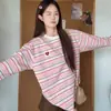 Camiseta de Manga Larga Rayada Rosa Estilo Perezoso Empalmada para Mujer en Primavera y Otoño Suelta Casual Versátil Coreana de Nicho Tops Ins
