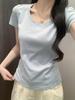 Top Básico Fino de Manga Corta para Mujer, Verano, Cuello Redondo Pequeño, Ajustado, Color Sólido