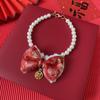  Collar Festivo de Año Nuevo para Mascotas, Flor Roja de Felpa con Perlas, Joyería de Lazo para Perro Gato, Collar