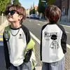 Camiseta de Manga Raglán para Niños, Bloques de Color, Algodón Puro, Manga Larga, Estilo Otoño, Moda Coreana, Corte Holgado, Ropa de Abrigo Elegante