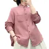 Camisa de gasa de algodón de doble capa, color liso, mezcla de algodón y lino, con cuello mao para mujer, top casual con decoraciones laterales, corte holgado para mercados europeos y americanos