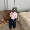 Conjunto de camisa rosa de manga larga para niño estilo coreano, estilo primavera y otoño, pantalones casuales elegantes de pierna ancha para niños, conjunto de dos piezas a la moda