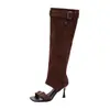 Botas de Verano Transfronterizas de Comercio Exterior para Mujer, Botas de Caña Alta con Punta Abierta, Botas de Moda Arrugadas con Hebilla y Correa, Sandalias de Caña Larga