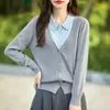 Cárdigan de punto para mujer, con cuello polo de lana finamente hilada, bloques de color, aspecto de dos piezas, nueva chaqueta de punto para otoño e invierno, top casual y versátil