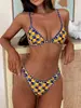 Novo Conjunto de Biquíni Listrado com Alças e Estampa Xadrez, Moda Praia Verão para Mulheres