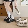 Sapatos Femininos de Primavera e Outono Sapatos Mary Jane Salto Baixo 2026 Confortáveis para Saia Bico Redondo Retro Francês com Cadarços Laço