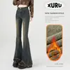 Jeans acampanados pequeños para mujer sin forro polar 2024 nuevo otoño e invierno cintura alta adelgazantes retro deshilachados pantalones acampanados pequeños