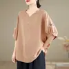 Camisa de Linho de Algodão Bordada Estilo Étnico Retrô Feminina 2026 Verão Estilo Fino Camisa para Mãe de Meia-Idade Top com Temperamento Artístico