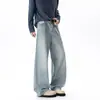 Jeans curvo de padrão bambu limpo e com bom caimento para homens, calças compridas largas da moda de verão para rua, lavadas, com leve boca de sino