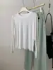 Camiseta Transpirable de Lyocell Tencel Lino para Mujer, Estilo Coreano de Otoño, Suave, Doble Capa, con Flecos, Cuello Redondo, Manga Larga, Camiseta Básica