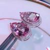 Nuevos pendientes elegantes de lujo de alta gama con forma de gota de imitación de turmalina rosa, color tesoro, anillo de apertura, accesorios para las orejas para mujer