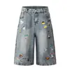 Pantalones Vaqueros Cortos Rectos de Pierna Ancha Sueltos Bordados de Dibujos Animados Lavados Retro Americanos para Hombres y Mujeres Pantalones de Verano de Moda