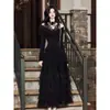 Vestido de Mujer de Dos Piezas Negro Aspecto Adelgazante Top de Manga Larga + Falda de Volantes Falda Larga Conjunto de Dos Piezas