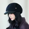 Boina de lana para otoño e invierno para mujer, hace que la cara se vea más pequeña, gorra de plato de lana, gorra versátil estilo coreano con visera
