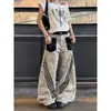 Calça larga de patchwork com estampa de leopardo, estilo casual de rua americano para mulheres, outono, caimento solto, modeladora, design de nicho, calça de perna curva da moda