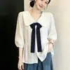 Camisa Blanca para Mujer Estilo Nuevo 2026, Oculta el Vientre, Versátil, Diseño de Verano, Top de Gasa de Nicho con Lazo
