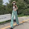 Novos jeans retos cor verde menta para mulheres, estilo coreano, para meninas cheinhas, soltos, com bom caimento, cintura alta, perna larga, calças de verão