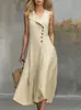 Vestido Casual Feminino de Cor Sólida com Lapela e Botões, Sem Mangas, para Site Independente da Amazon Transfronteiriço 2026