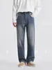 Também, jeans vintage de algodão puro com lavagem desgastada, calça longa casual reta de perna larga azul nostálgico para homens no outono
