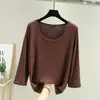 Camiseta feminina de manga três quartos, corte solto, plus size, fina, cor sólida, versátil, top com gola redonda, modal, início do outono