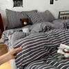 Juego de cuatro piezas de algodón estilo minimalista, sábana bajera a cuadros sencilla, sábana de cama de algodón lavado de una pieza, funda de edredón, ropa de cama a rayas