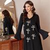 Vestido Negro de Manga Campana con 7 Flores de Diamante, Ropa para Mujer Lista para Enviar, Vestido Largo