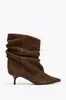 Otoño/Invierno 2026 Nuevas Botas de Tobillo Marrones Puntiagudas Plisadas Gamuza de Vaca Botas de Tacón Apilado Botas de Media Caña Tacón de Gato Botas para Mujer Botas Arrugadas