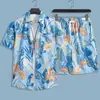 Conjunto de camisa floral de manga curta e shorts para homens, roupa casual e estilosa de duas peças para férias na praia à beira-mar, top de modelagem solta