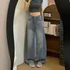 Jeans vintage bordados con letras para mujer, colección de otoño, de cintura alta, corte holgado, adelgazantes, con caída fluida, pierna ancha, hasta el suelo y dobladillo curvo