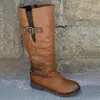Botas nuevas de otoño e invierno para mujer, estilo popular, estilo europeo y americano, punta redonda, botas de jinete, tacón bajo, hebilla, cómodas, botas largas, talla grande