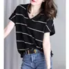 Talla grande mm300 moda V-neck top a rayas verano Nuevo holgado 240 versátil casual camiseta de manga corta para mujer
