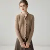 Elegante cárdigan suéter de otoño 100% cachemira pura para mujer, cuello redondo, con ribete de volantes, que ofrece un aspecto de tejido sofisticado y holgado