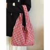 Bolsa de Lona a Cuadros Rojos Retro Estilo Japonés para Mujer 2025 Nueva Bolsa Tote Perezosa para Viajar al Trabajo Bolsa de Hombro Estudiantil para Axila